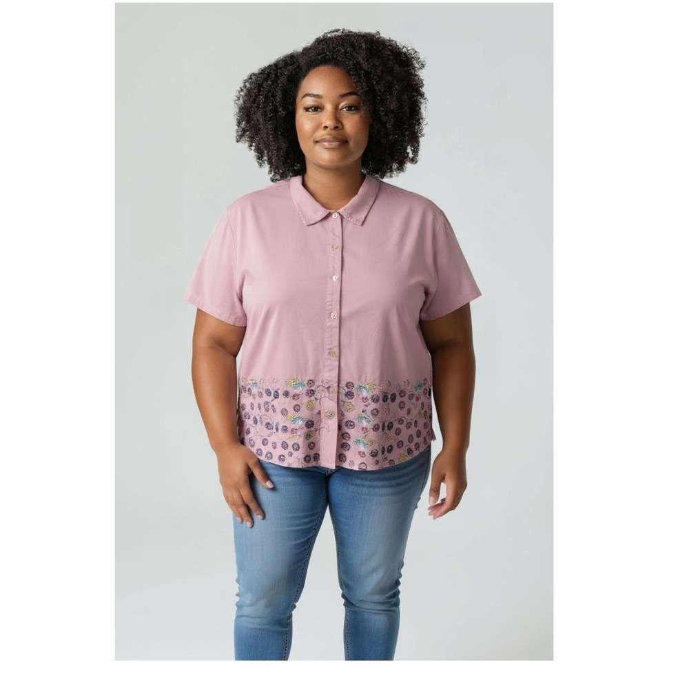 AKS Amy K Su‎ 3X Pink Tencel Short Sleeve Button Down Embroidered Shirt